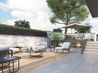 Serene Outdoor Garden Landscape With Patio Seating Stone Wall Trees And Steps 3d model
