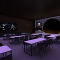 Modern Stage Setup With Lighting Background Screen And Audience Tables Chairs