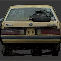 Beige Vintage Car With Open Hood Exposed Engine Worn Body And Damaged Tires