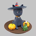 Halloween Black Cat Decoration With Witch Hat Skull Collar Pumpkins And Green Claw