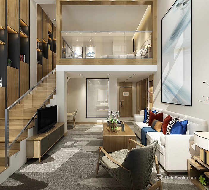 Modern Duplex Hotel Guest Room With Living Area Staircase Sofa TV And Decorative Painting 3d model 