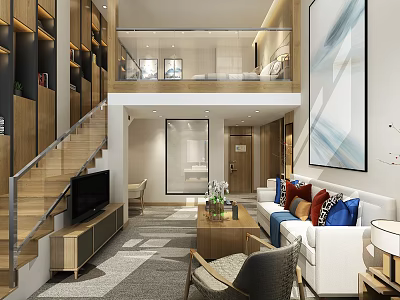 Modern Duplex Hotel Guest Room With Living Area Staircase Sofa TV And Decorative Painting 3d model