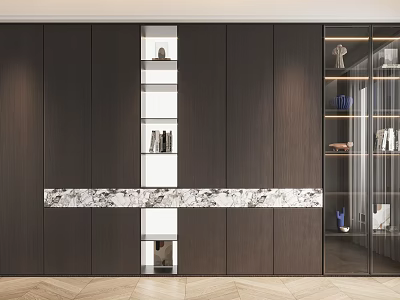 Modern Dark Wood Bookcase With Open Shelves Marble Accent And Glass Doors 3d model
