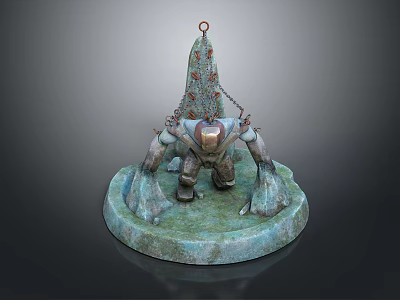 Fantasy Mechanical Sculpture With Red Ring Top And Green Mossy Base And Decorative Details 3d model