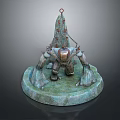 Fantasy Mechanical Sculpture With Red Ring Top And Green Mossy Base And Decorative Details