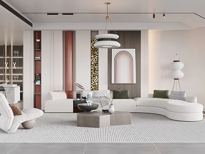 Elegant Modern Living Room Interior With Curved White Sofa Geometric Rug Coffee Table And Chandelier 3d model