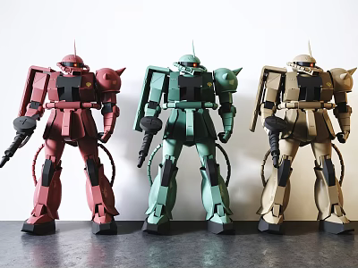 Smart Machine Model Figures in Red Green Beige Colors with Weapons Standing Pose 3d model