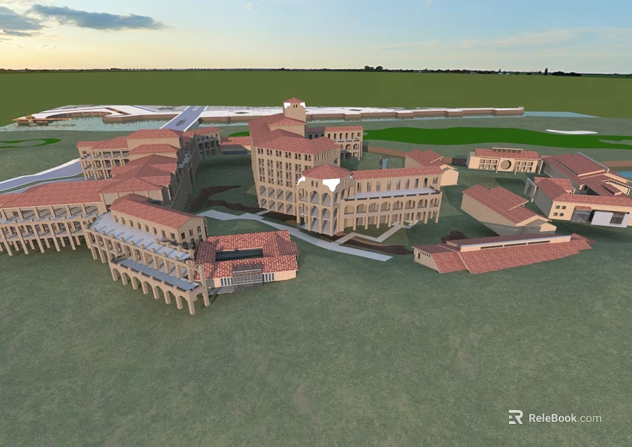 European Style Hotel Building With Spacious Layout Red Tile Roofs Green Lawns And Water Features 3d model 