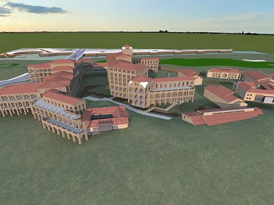 European Style Hotel Building With Spacious Layout Red Tile Roofs Green Lawns And Water Features 3d model