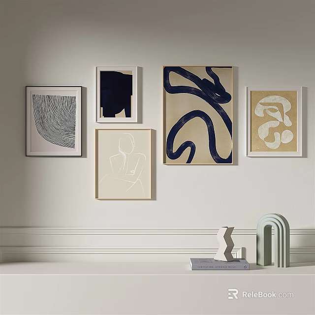 Abstract Wall Art Decor With Multiple Framed Paintings And Sculpture 3d model