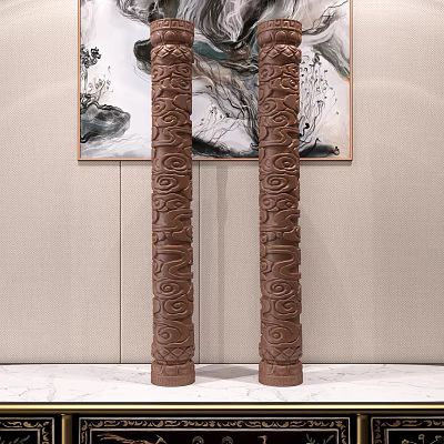 Brown Columns With Intricate Carved Patterns Against Light Colored Wall And Hanging Paintings 3d model