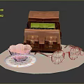 Red Leather Bag With Patterned Teacup Pink Liquid Saucer And Colorful Lens Glasses On Pink Tray