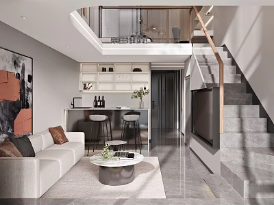 Modern Apartment Interior With Living Room Staircase Sofa Coffee Table TV And Artwork 3d model