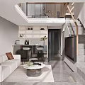 Modern Apartment Interior With Living Room Staircase Sofa Coffee Table TV And Artwork