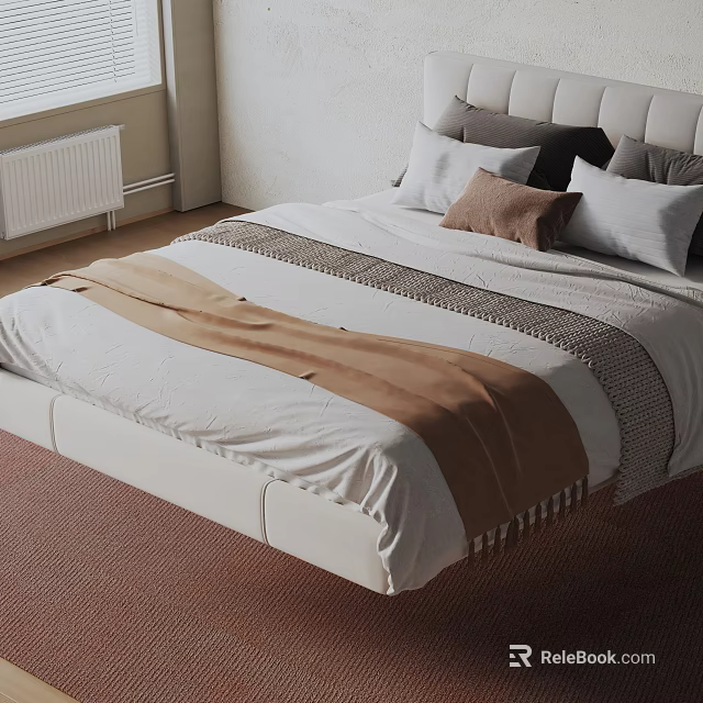 Double Bed with White Frame Sheet Brown Blanket and Gray White Brown Pillows in Bedroom 3d model 