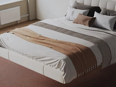 Double Bed with White Frame Sheet Brown Blanket and Gray White Brown Pillows in Bedroom 3d model