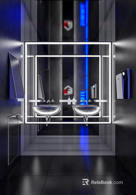 Sleek Modern Public Restroom Interior With Double Sinks Mirrors And Blue Lighting 3d model 