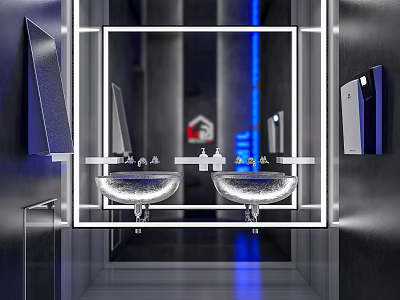 Sleek Modern Public Restroom Interior With Double Sinks Mirrors And Blue Lighting 3d model