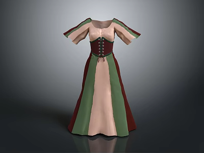 Traditional Vintage Dress With Beige Green Burgundy Stripes Short Sleeves And Corset Laced Waist 3d model