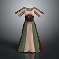 Traditional Vintage Dress With Beige Green Burgundy Stripes Short Sleeves And Corset Laced Waist