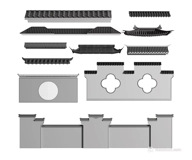 Different Types of Traditional Chinese Architectural Components Including Roof Tiles Eaves and Wall Decorations 3d model 