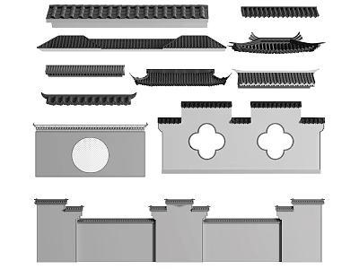 Different Types of Traditional Chinese Architectural Components Including Roof Tiles Eaves and Wall Decorations 3d model