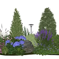 Garden Scene With Tall Trees Purple Flowers Pink Blooms Green Shrubs Stones And Lamp Post