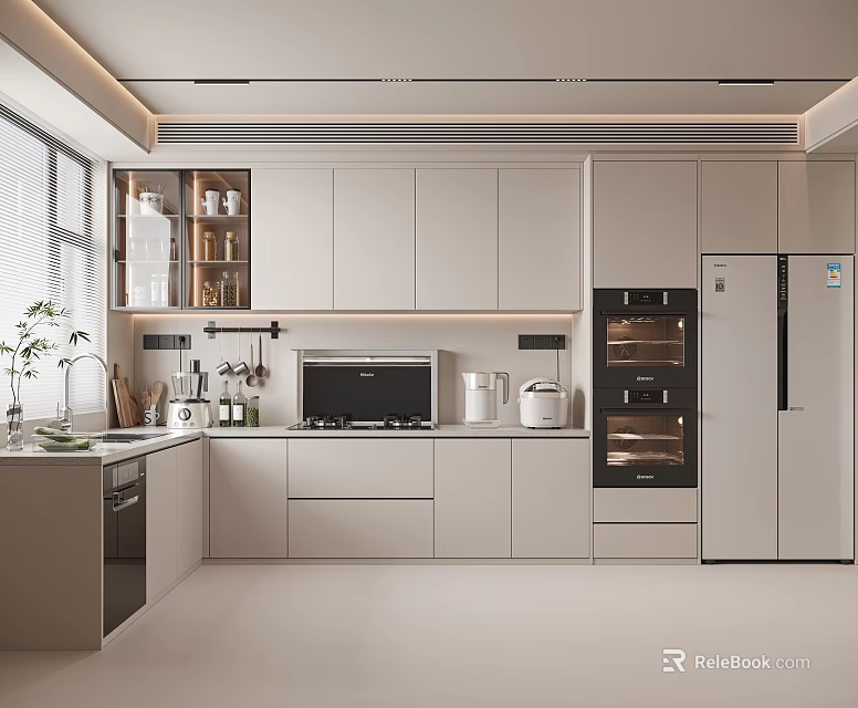 Modern Kitchen Interior Design With Light Gray Cabinets Sink Appliances And Window 3d model