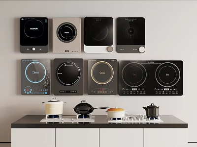 Modern Kitchen Appliances Featuring Multiple Wall Mounted Induction Cooktops With Various Designs And Countertop Pots 3d model