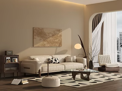 Modern Living Room With Beige Sofa Black And White Rug Floor Lamp And City View 3d model