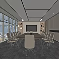 Modern Conference Room With Large Windows City View Long Meeting Table And Multiple Chairs