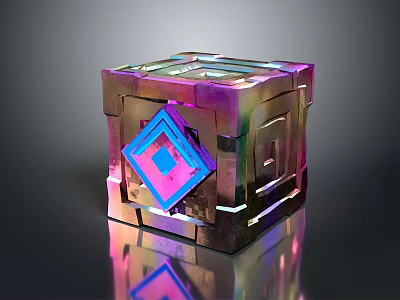 Colorful Metallic Cube Structure With Holographic Finish And Blue Diamond Design 3d model