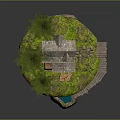 Brick Cabin On Island With Pine Trees Grass And Stairs Leading To Water