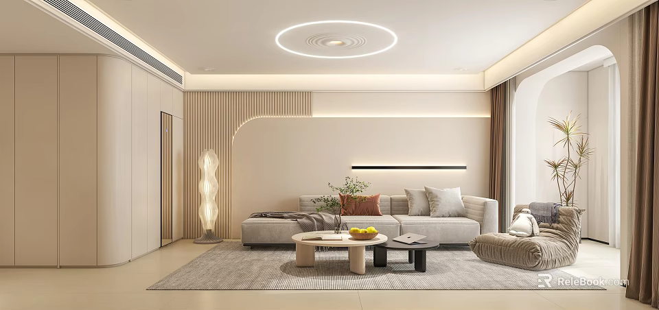 Modern Living and Dining Room Interior With Sofa Coffee Table Rug And Ambient Lighting 3d model 