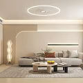Modern Living and Dining Room Interior With Sofa Coffee Table Rug And Ambient Lighting