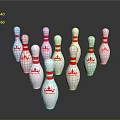 Multiple White Bowling Pins With Red Stripes And Crown Logo On Dark Surface With Reflections
