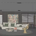 Modern Open Concept Living Dining Room With White Sofa Colorful Artwork And Gold Decor