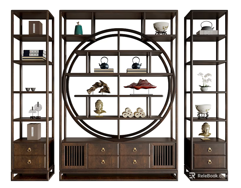 Traditional Chinese Wooden Display Shelf With Circular Design Multi-layer Racks And Decorative Artifacts 3d model 