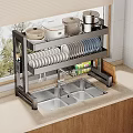 Kitchen Metal Storage Shelf With Double Layers Holding Pots And Plates