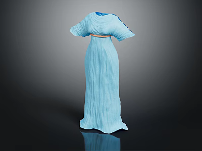 Elegant Light Blue Pleated Dress Featuring Loose Sleeves And Waist Belt 3d model