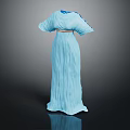 Elegant Light Blue Pleated Dress Featuring Loose Sleeves And Waist Belt