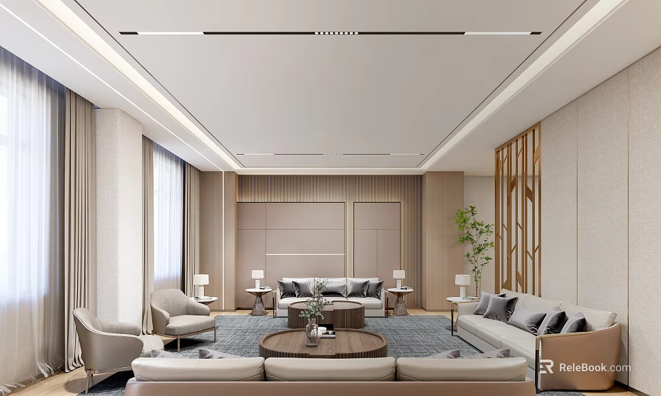 Elegant Hotel Public Lounge Interior With Comfortable Sofas Coffee Tables And Decorative Plants 3d model 