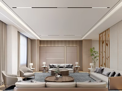 Elegant Hotel Public Lounge Interior With Comfortable Sofas Coffee Tables And Decorative Plants 3d model