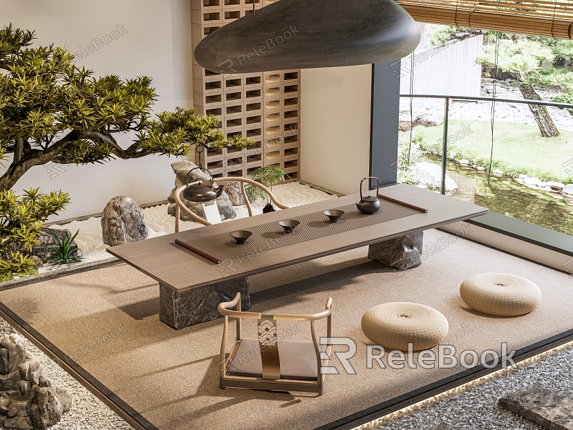 New Chinese-style Tea Room Tatami Tea Table and Chair Combination Landscape Pine Luohan Pine Landscape Sick Chandelier Tea Table Rockery Stone model