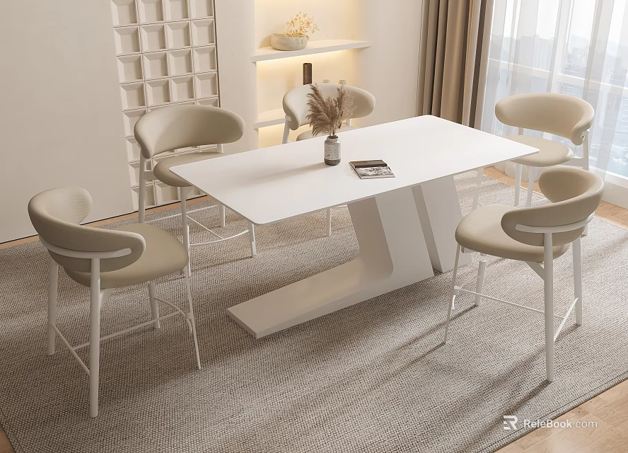 Modern Dining Table Set With White Tabletop Four Beige Chairs Metal Legs Minimalist Indoor Setting 3d model 