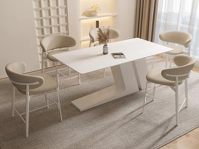 Modern Dining Table Set With White Tabletop Four Beige Chairs Metal Legs Minimalist Indoor Setting 3d model