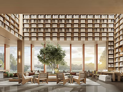 Elegant Modern Sales Office Space With Full Wall Bookshelves And Comfortable Sunlight Filled Reception Area 3d model