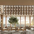 Elegant Modern Sales Office Space With Full Wall Bookshelves And Comfortable Sunlight Filled Reception Area