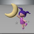 Cartoon Girl With Purple Pigtails Holding Crescent Moon And Stars