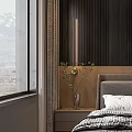 Modern Bedroom Interior With Dark Wood Accents Grey Headboard Nightstand Table Lamp And Open Wardrobe
